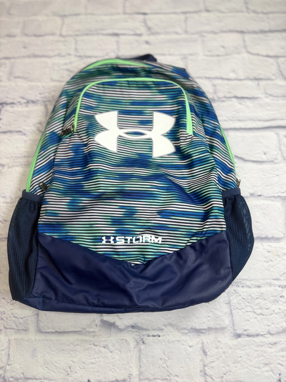Under Armour Navy Blue Striped Backpack with Lime Accents